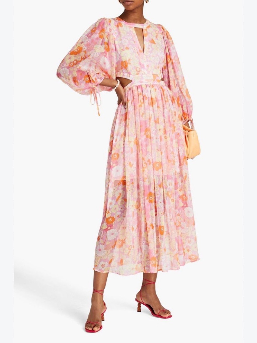 Maje Floral Flower Cutout Midi Dress Chiffon Maxi Wedding Guest Puff Sleeve US 8